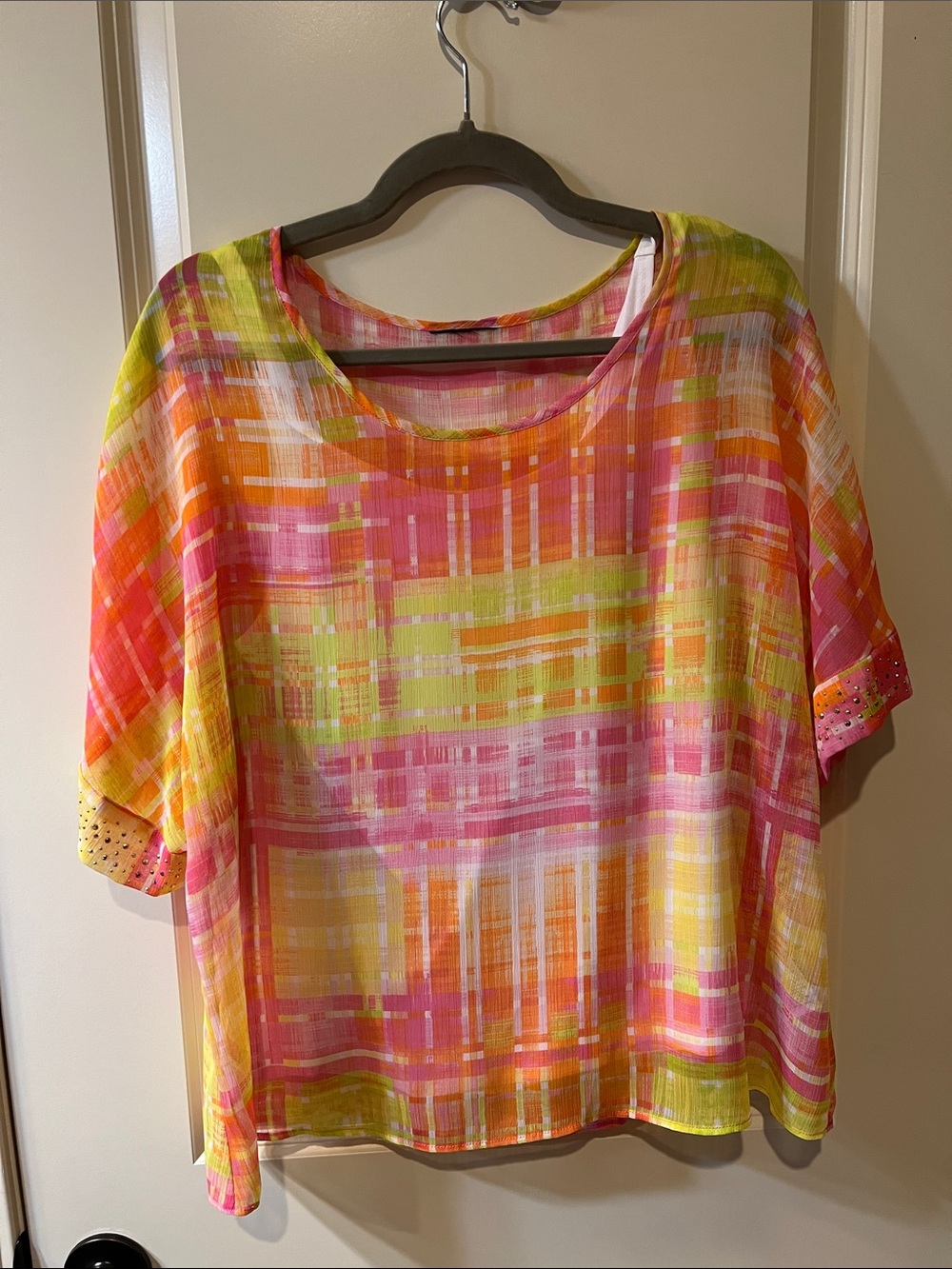 Source Unknown Multicolor Plaid Short Sleeve Blouse - Pink, Yellow & Orange H043